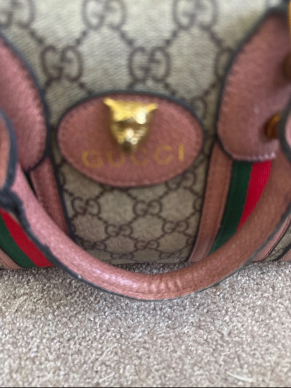 Gucci Brown Monogram Satchel with Pink Trim and Green-Red Web - Picture 2 of 7